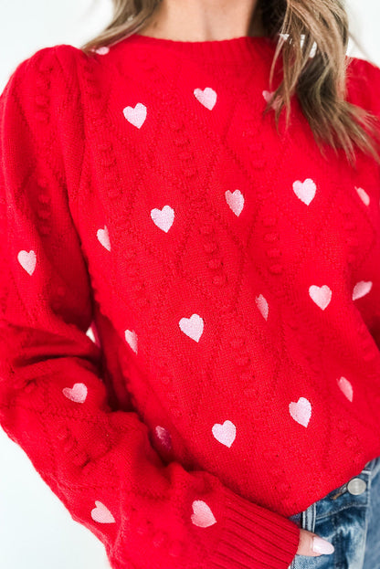 Fiery Red Contrast Heart Print Rhombus Knit Casual Sweater