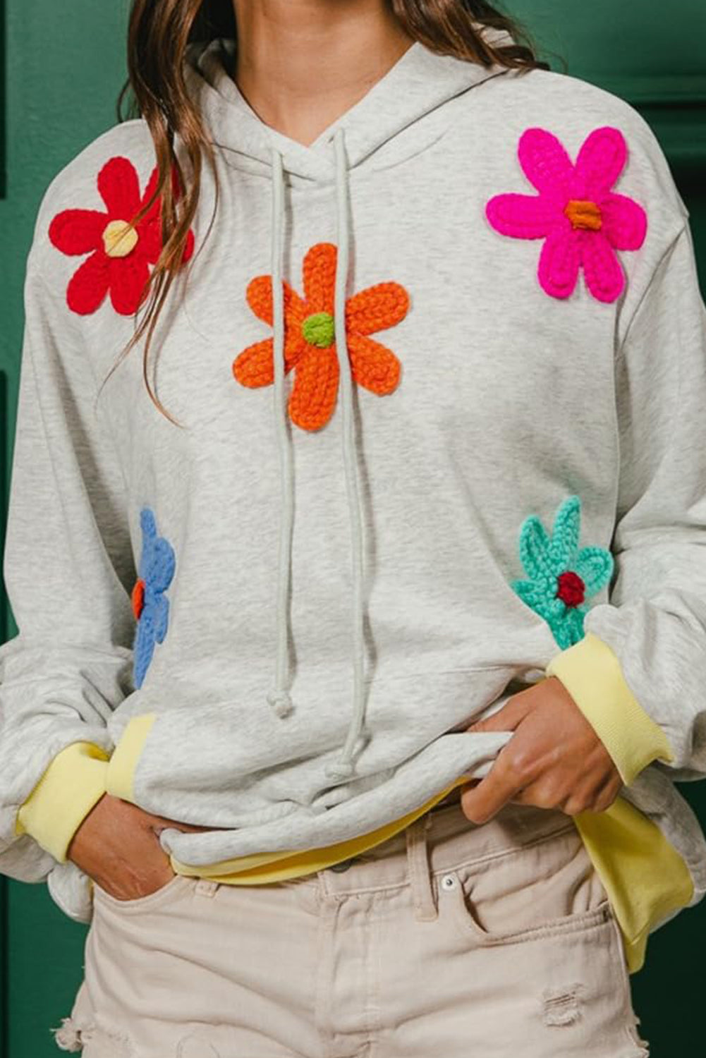 Light Grey Flower Patched Contrast Trim Pullover Hoodie