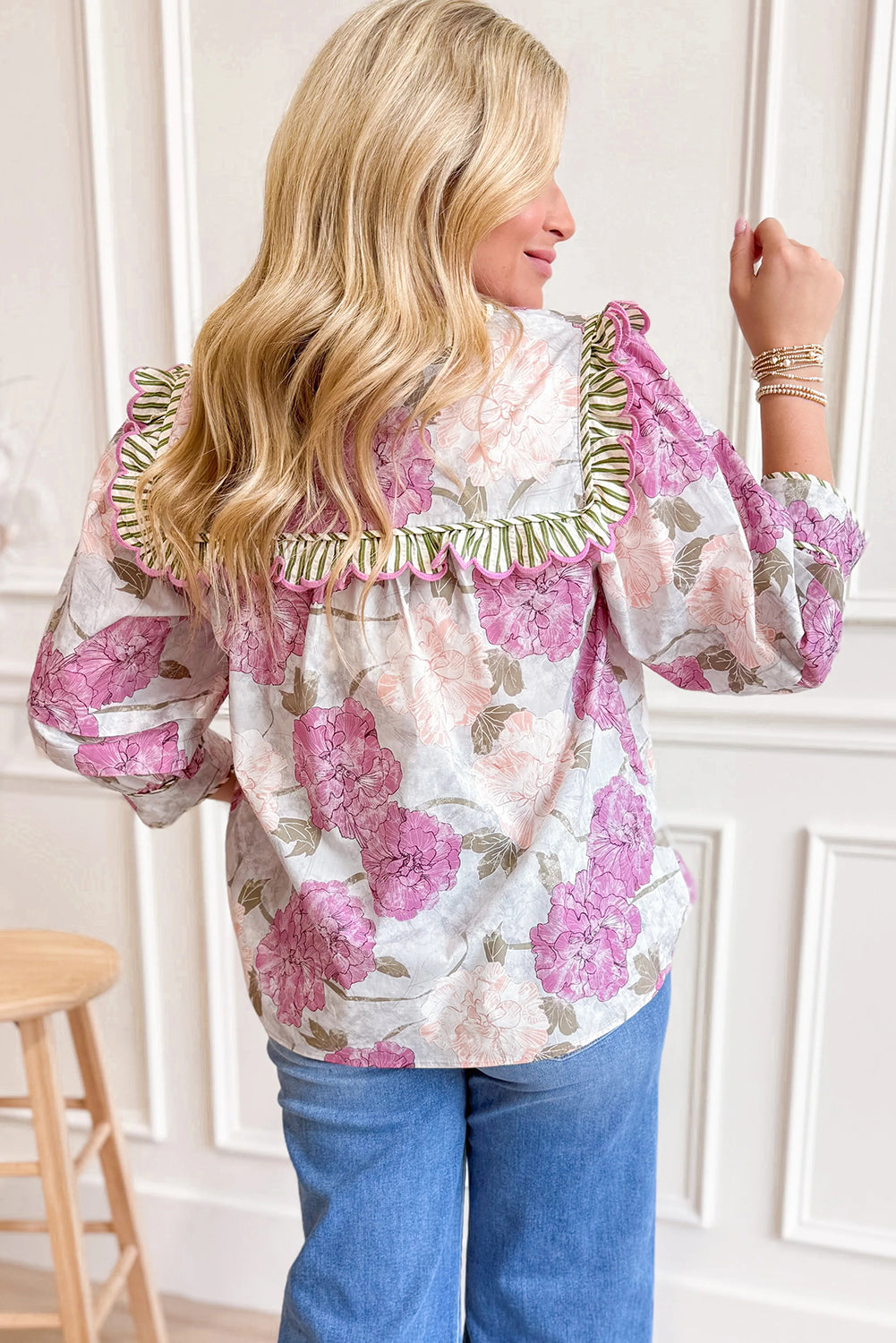 Purple Floral Print Striped Ruffle Contrasted Trim 3/4 Sleeve Blouse