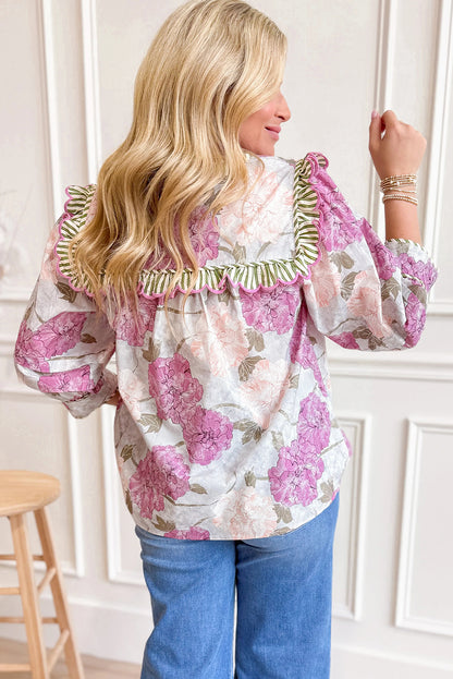 Purple Floral Print Striped Ruffle Contrasted Trim 3/4 Sleeve Blouse