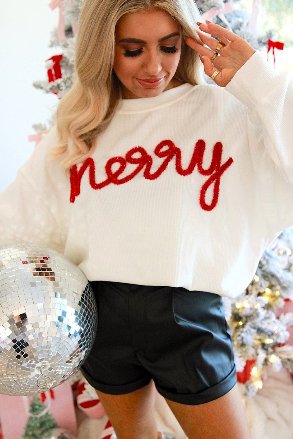 White Let_s Be Merry Tinsel Rib Top