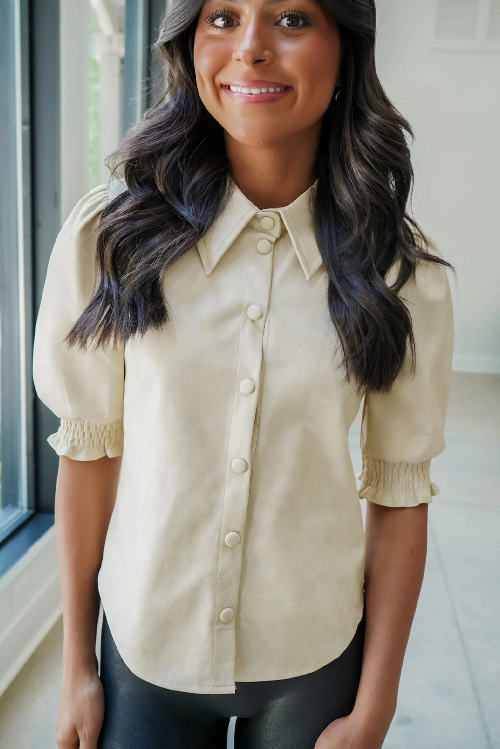 Beige Solid Color Faux Suede Button Down Frilled Short Sleeve Shirt