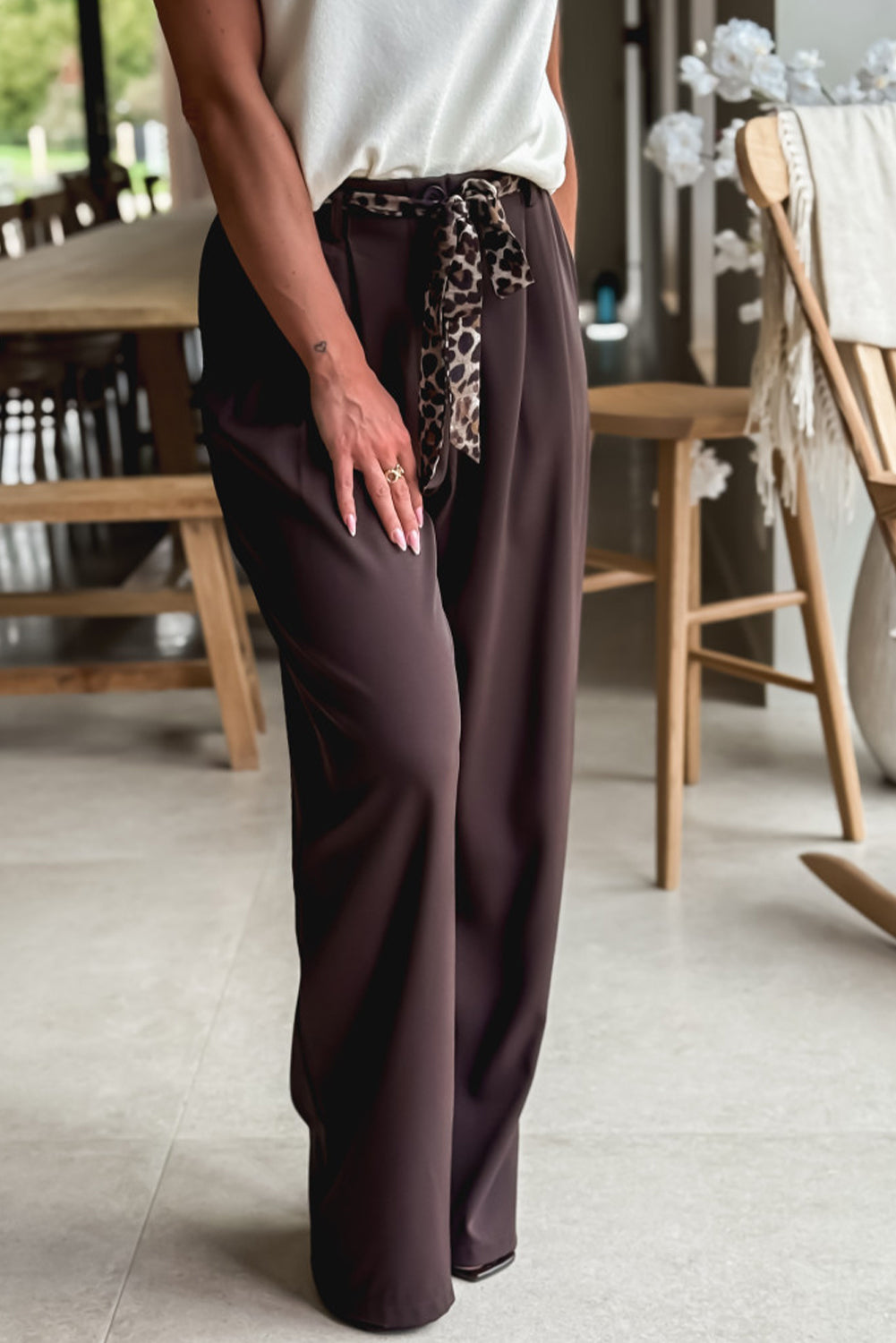 Dark Brown Solid Color Pleated Detail Pocketed Straight Leg Pants
