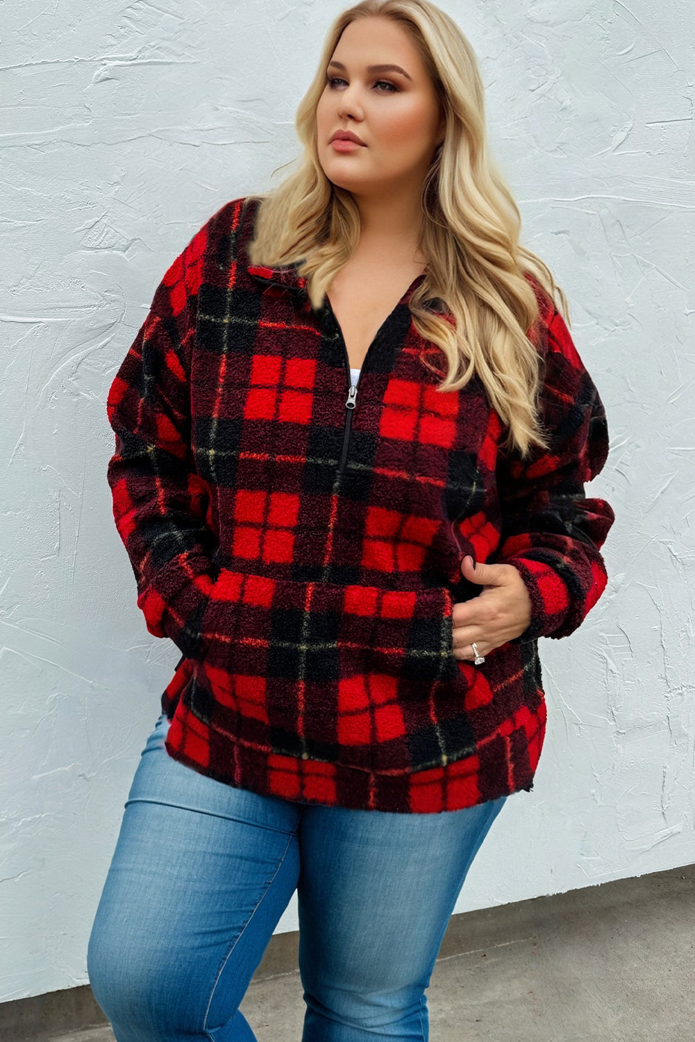 Red Plaid Print Collar Half Zip Plus Size Fleece Sweatshirt
