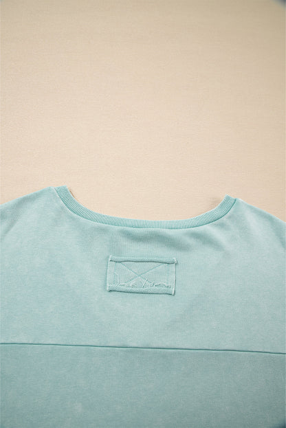 Mist Blue Mineral Wash Exposed Seam Buttoned V Neck Pullover Top