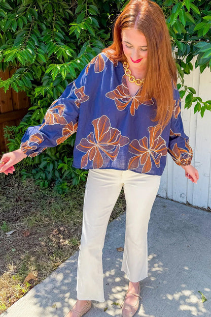 Bluing Big Flower Embroidered V Neck Puff Sleeve Blouse