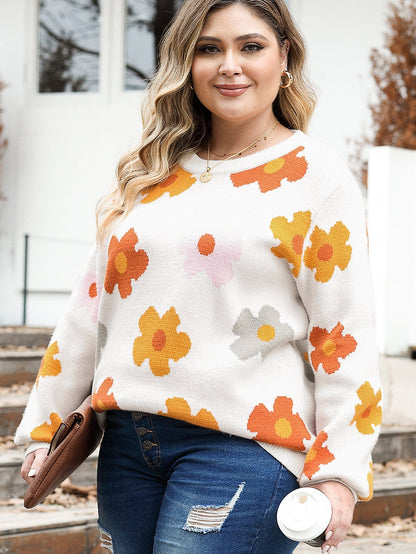 White Floral Ribbed Trim Plus Size Casual Sweater