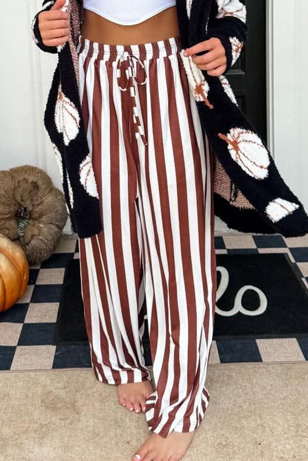 Brown Stripe Drawstring Elastic Waist Flowy Wide Leg Pants