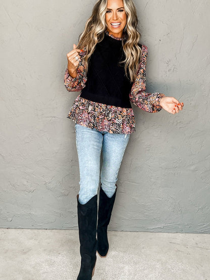 Graceful Black Floral Peplum Sweater with Ruffled Hem