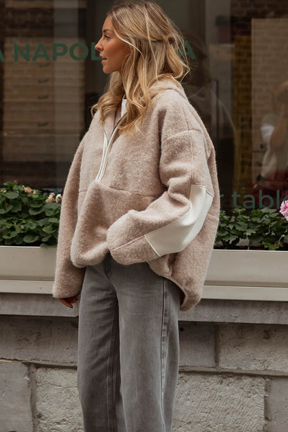 Parchment Woolen Blend Uneven Hem Half Zipped Pullover Baggy Hoodie