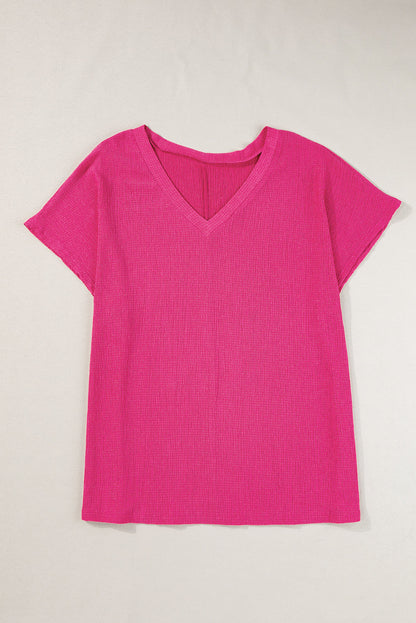 Bubble Hem Bright Pink V Neck Plus Size Top