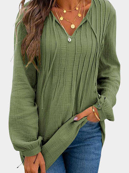 Green Textured V Neck Loose Top with Pleated Details