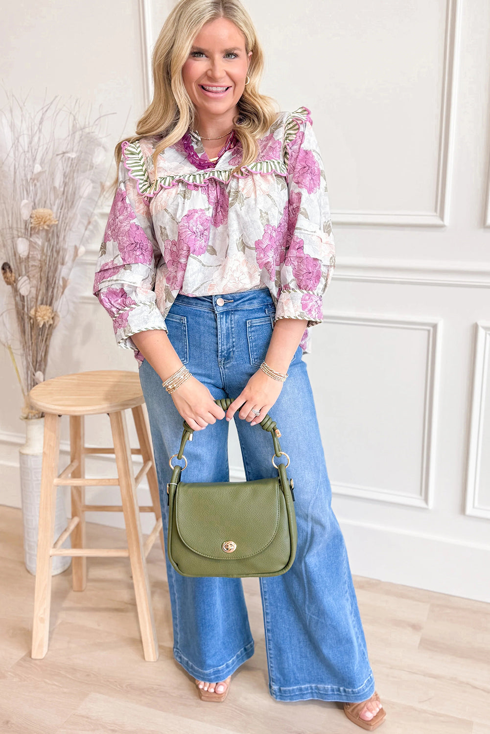 Purple Floral Print Striped Ruffle Contrasted Trim 3/4 Sleeve Blouse