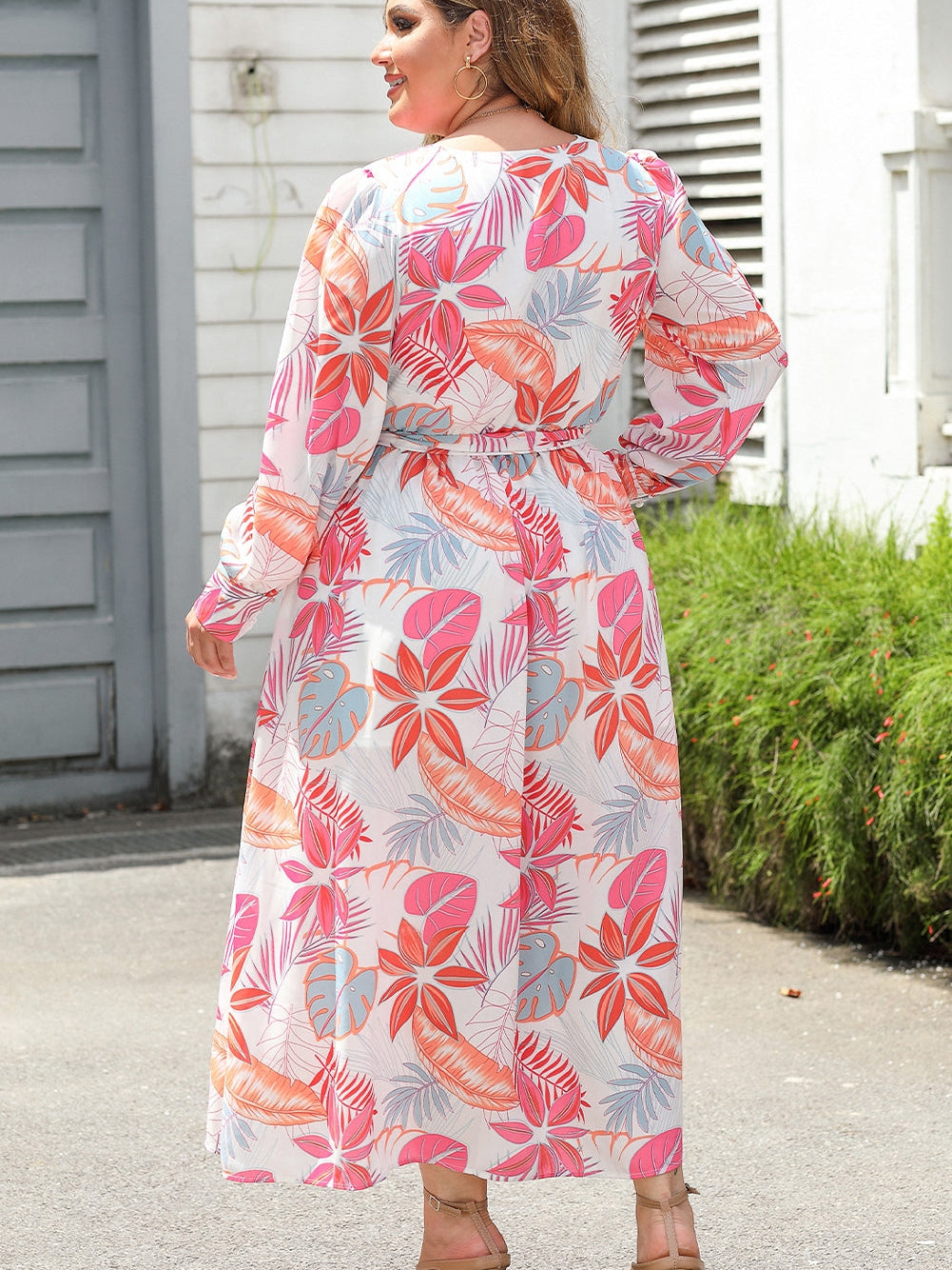Tropical Print V-Neck Maxi Dress with High Waist Tie - Plus Size