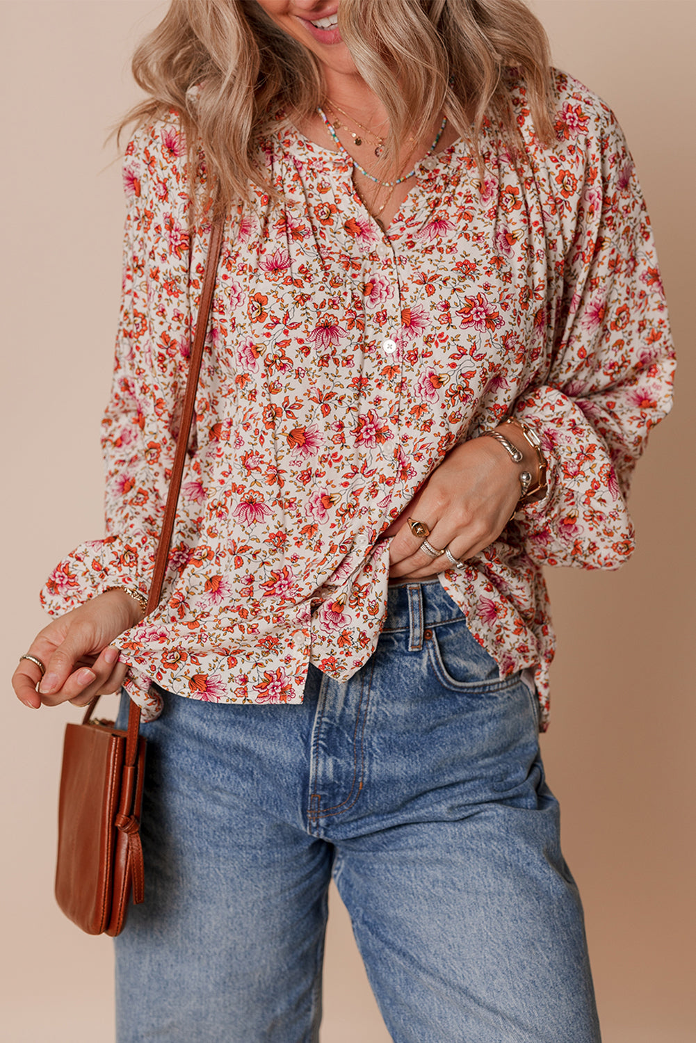 red floral blouse