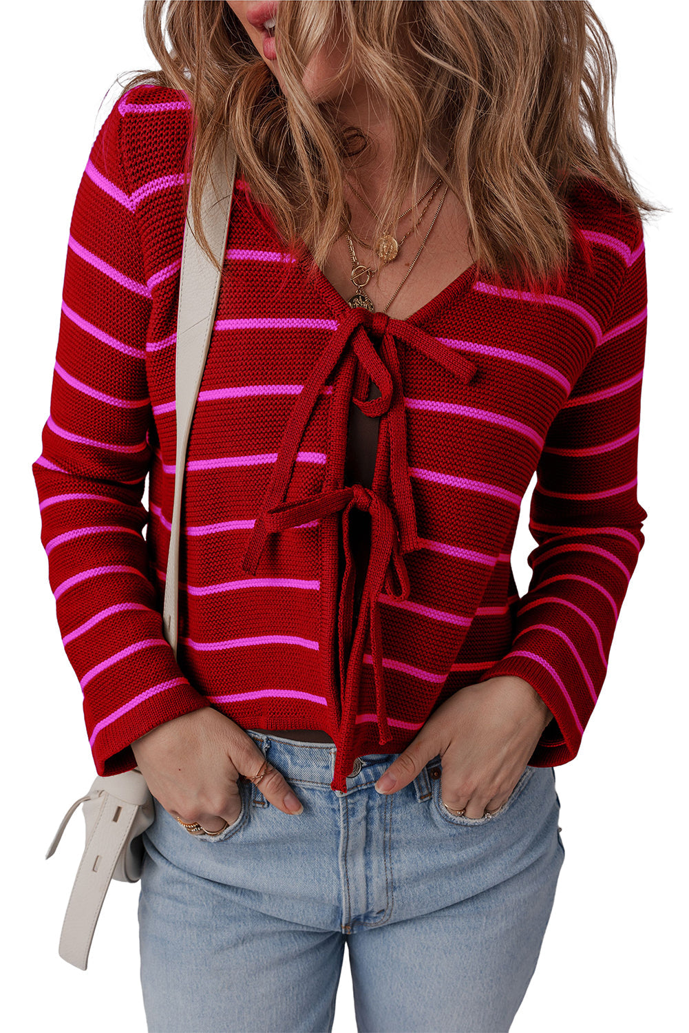 Red Stripe Tie Front Striped Knit V Neck Cardigan Sweater