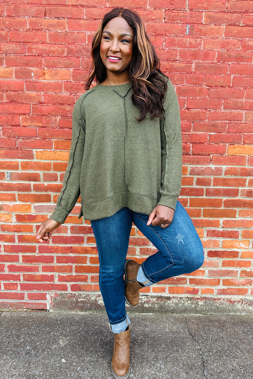 Seagrass Ribbed Knit Exposed Seam Detail Oversize Long Sleeve Top