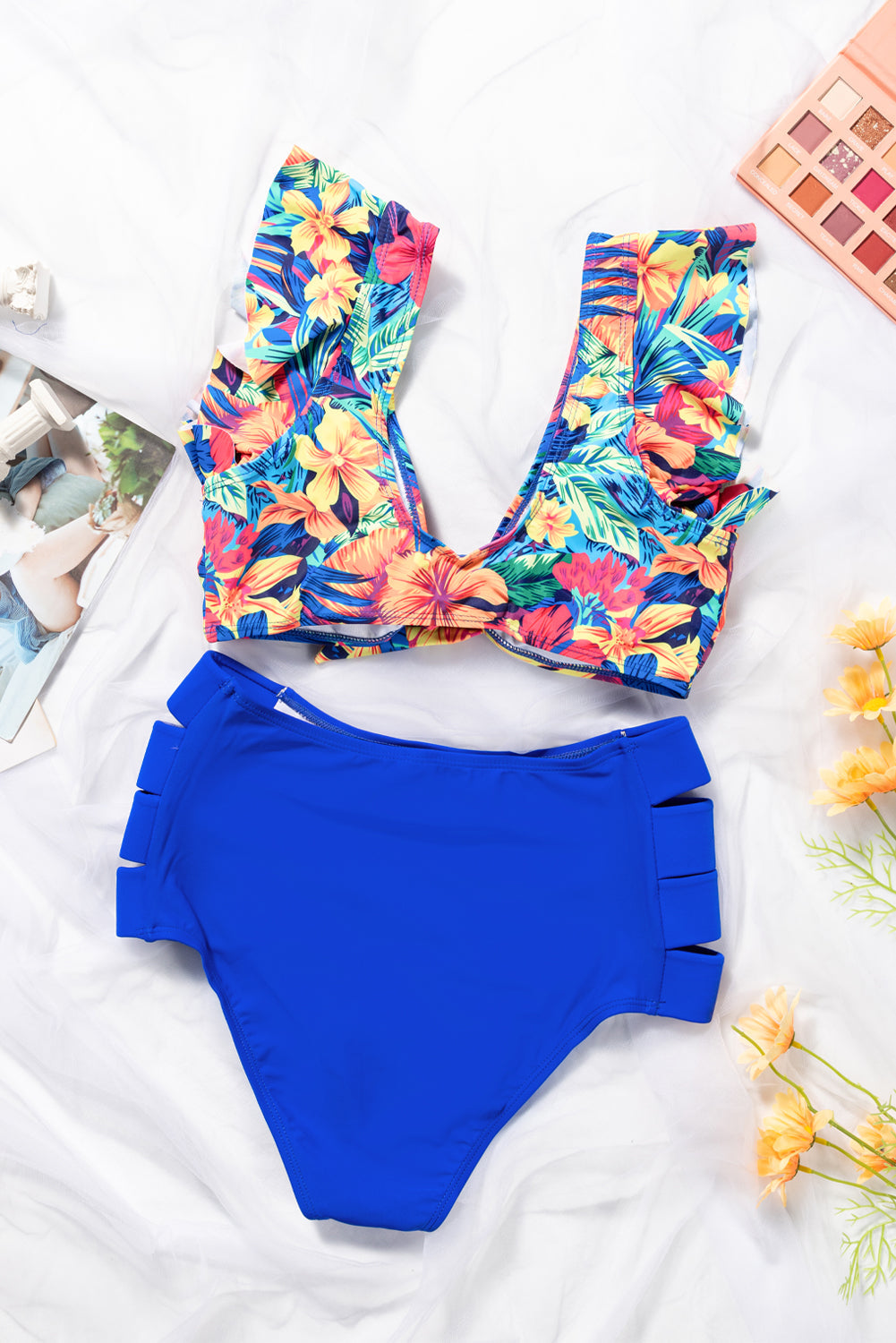 Floral Print Ruffle Trim High Waisted Bikini Set in Ocean Blue