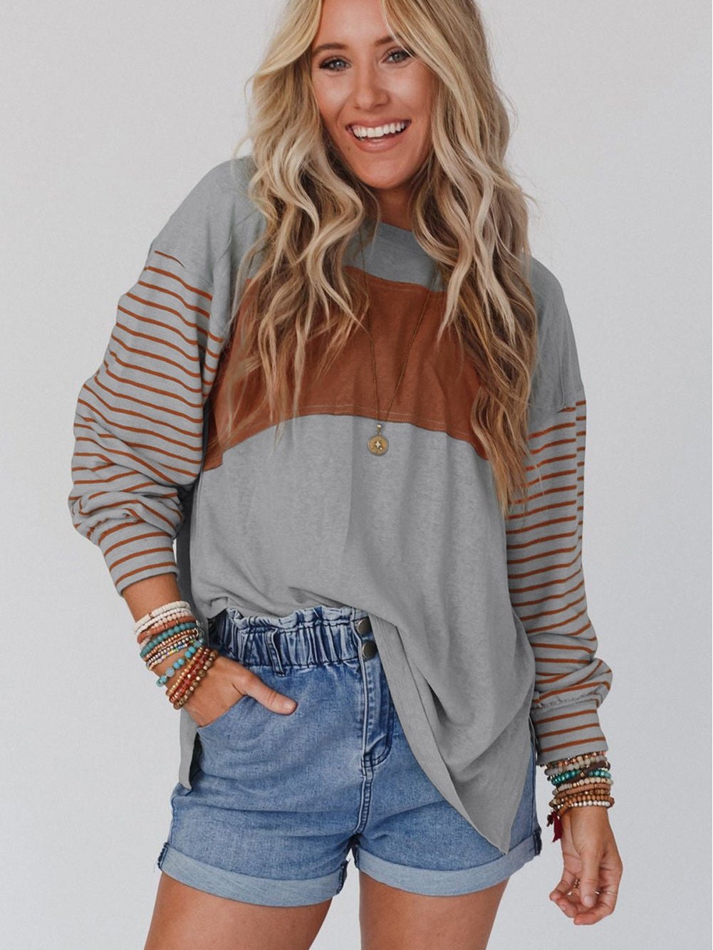 Elegant Grey Striped Bishop Sleeve Top