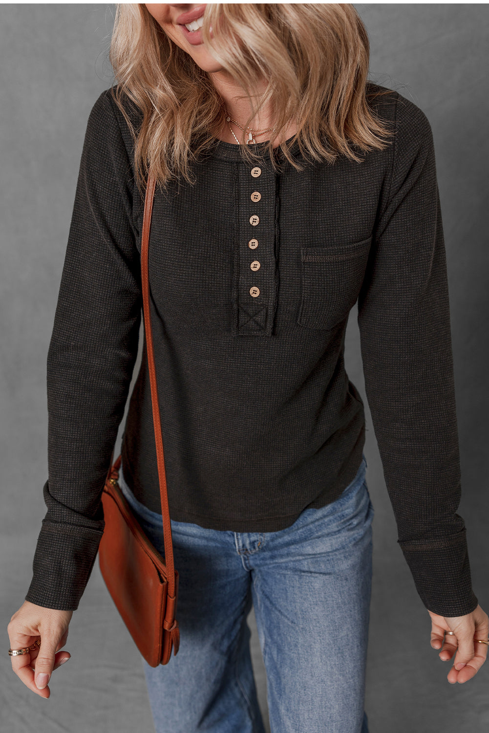 Black Mineral Wash Waffle Knit Single Chest Pocket Long Sleeve Henley Top