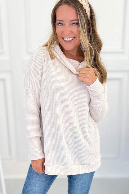 Jet Stream Turtleneck Ribbed Texture Knitted Drop Shoulder Pullover Loose Top