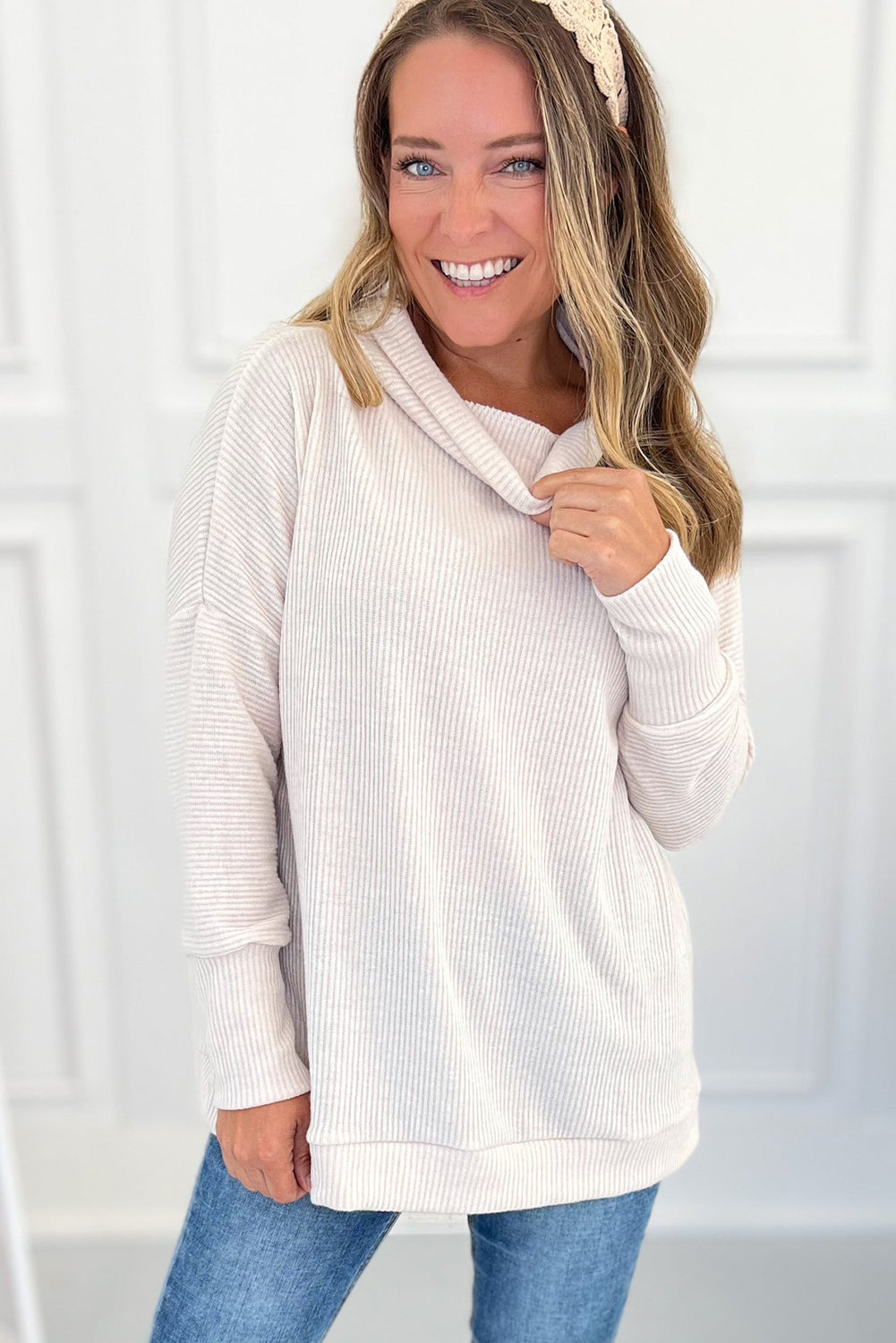 Jet Stream Turtleneck Ribbed Texture Knitted Drop Shoulder Pullover Loose Top