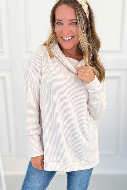 Jet Stream Turtleneck Ribbed Texture Knitted Drop Shoulder Pullover Loose Top