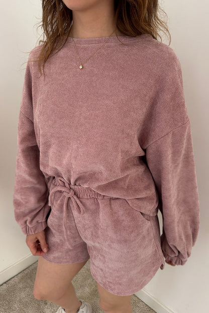 Fushia Solid Color Textured Knit Drop Shoulder Pullover Drawstring Shorts Set