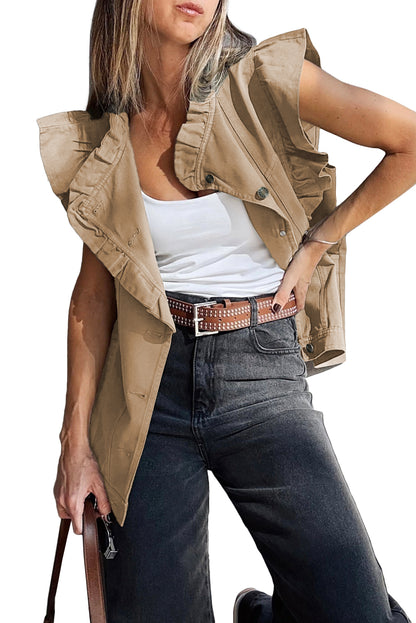 Pale Khaki Ruffled Patchwork Denim Jacket Vest