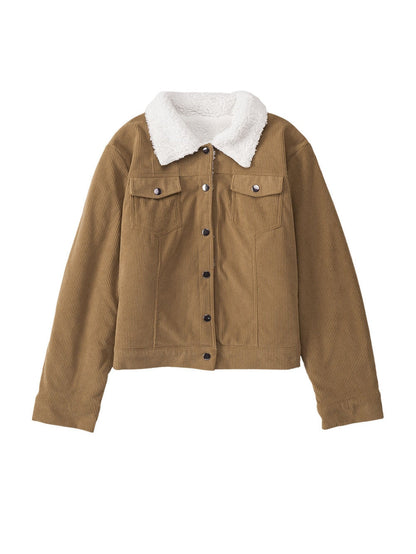 Khaki Corduroy Snap Button Sherpa Lined Jacket