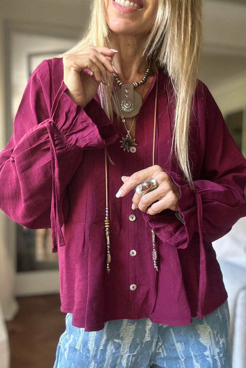 Violet Pintuck Buttoned Front Decor Ruffled Sleeve Loose Blouse