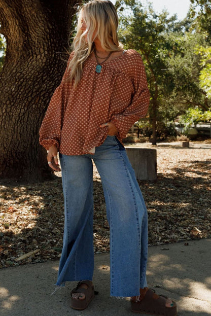Brown Geometric Printed V Neck Drop Shoulder Puff Sleeve Blouse