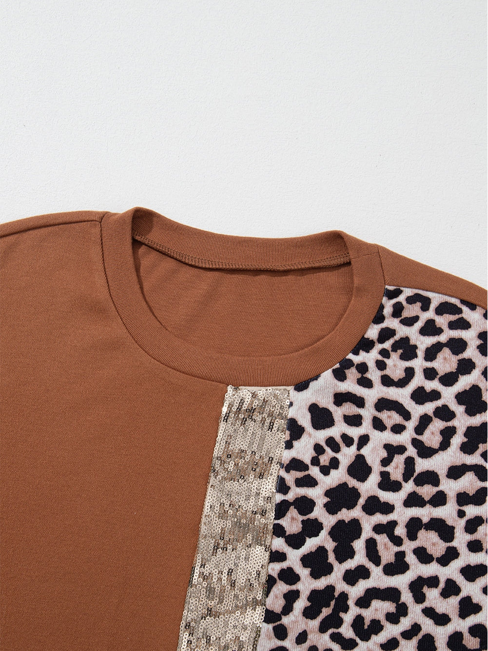 Golden Leopard Sequin Colorblock Long Sleeve Top