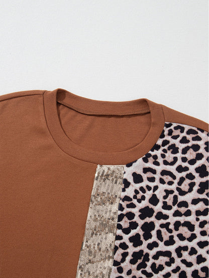 Golden Leopard Sequin Colorblock Long Sleeve Top