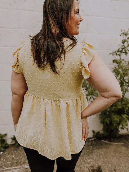 Golden Fleece Plus Size Swiss Dot Lace Trim Split Neck Babydoll Top