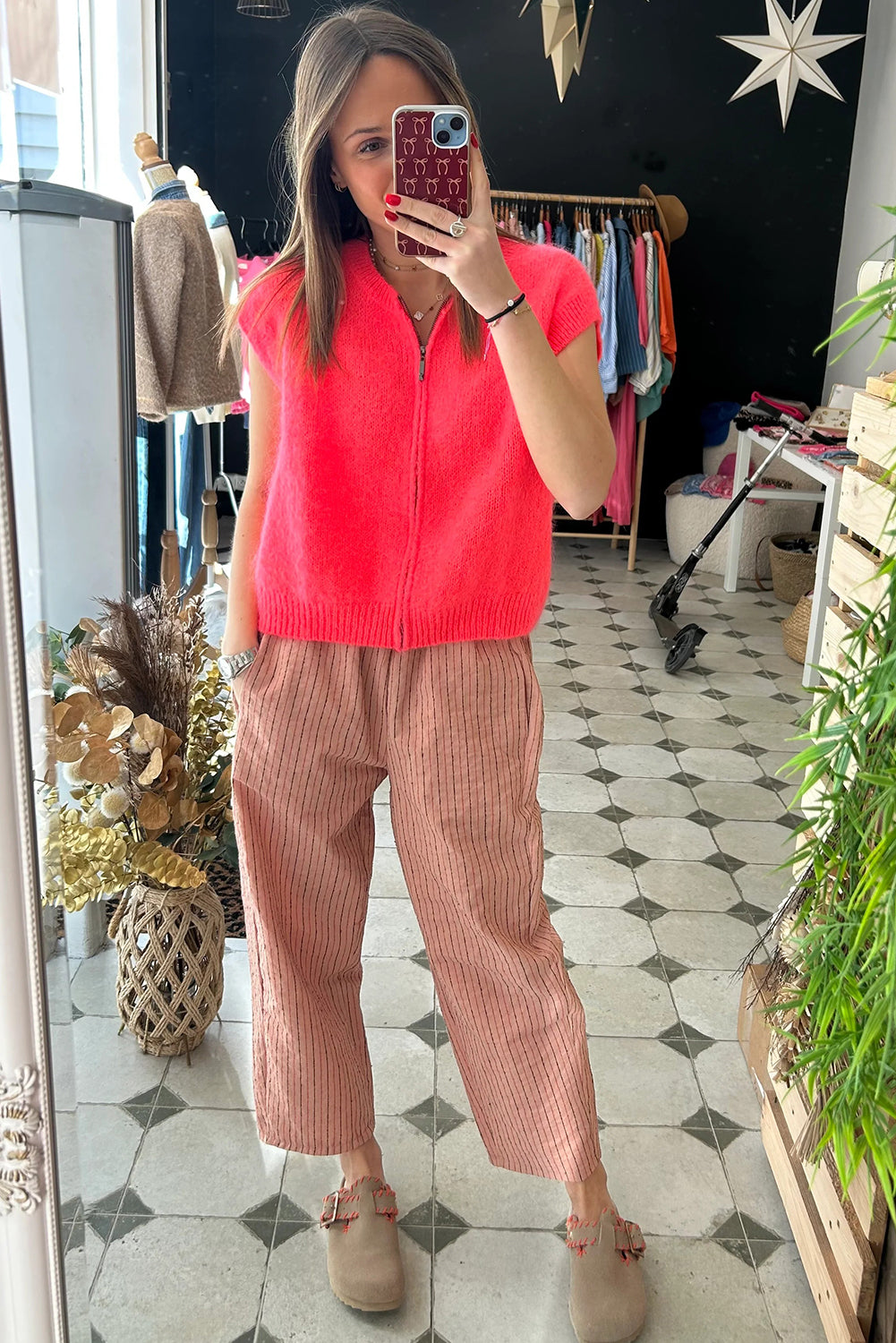 Coral Paradise Ribbed Trim Crew Neck Zip Up Sweater Vest