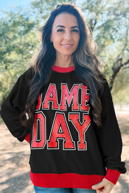 Black GAME DAY Letter Graphic Varsity Striped Detail Baggy Sweatshirt