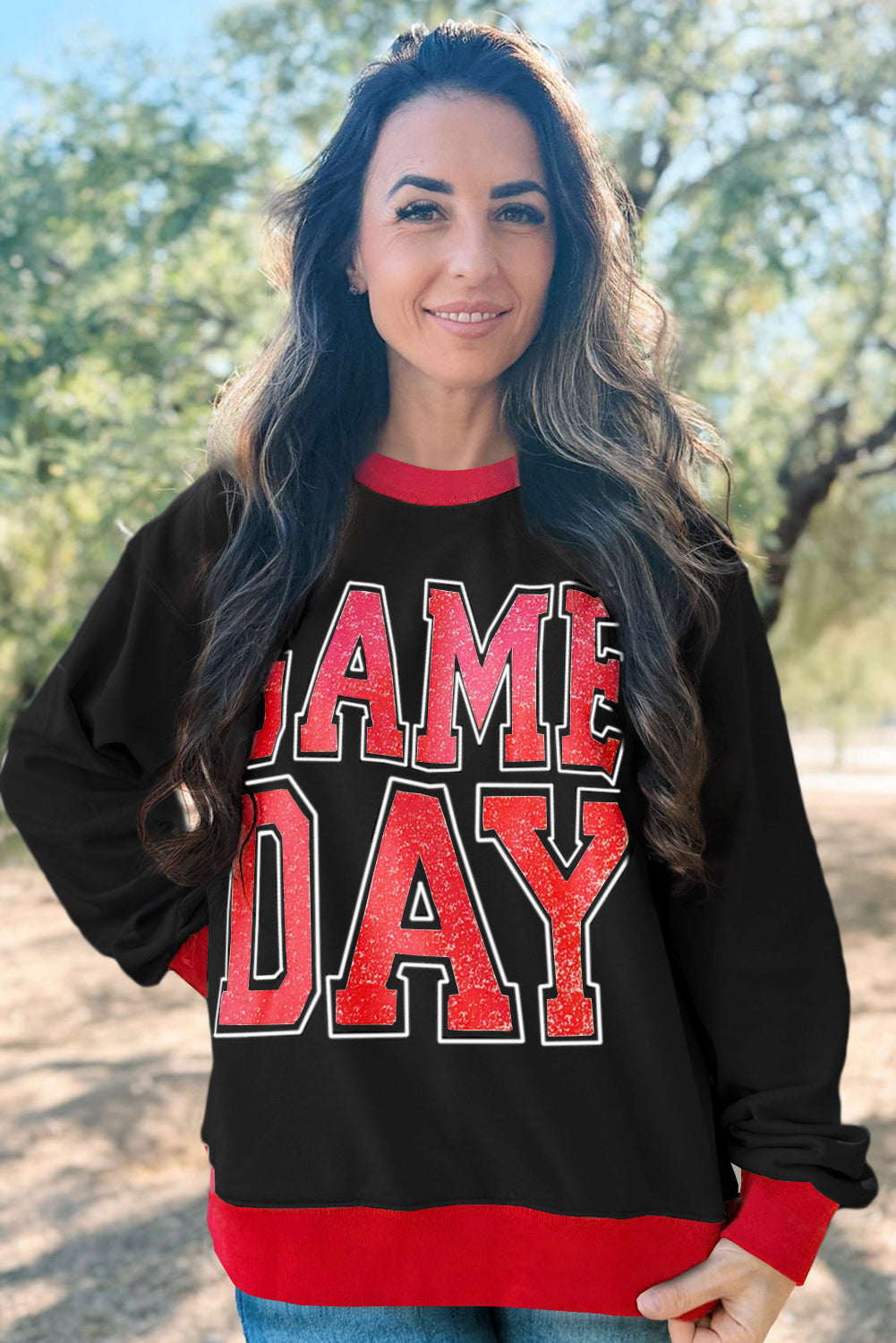 Black GAME DAY Letter Graphic Varsity Striped Detail Baggy Sweatshirt