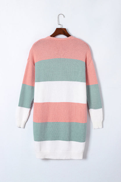 Green Striped Colorblock Open-Front Cardigan