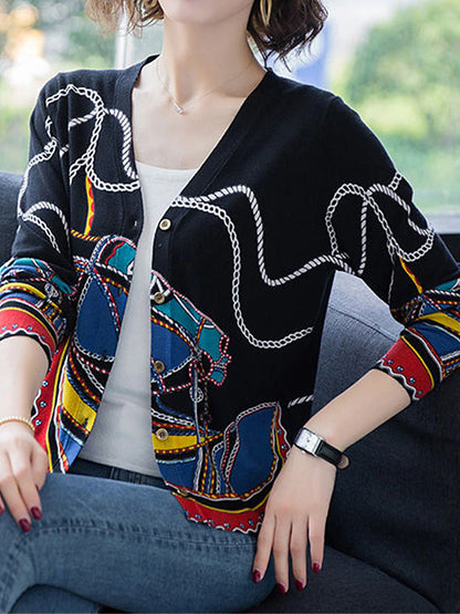 Women's Cardigan Sweater V Neck Ribbed Knit Polyester Button Print Fall Winter Outdoor Daily Holiday Stylish Casual Soft Long Sleeve Animal Floral Rose black Chain black Rose navy blue S M L