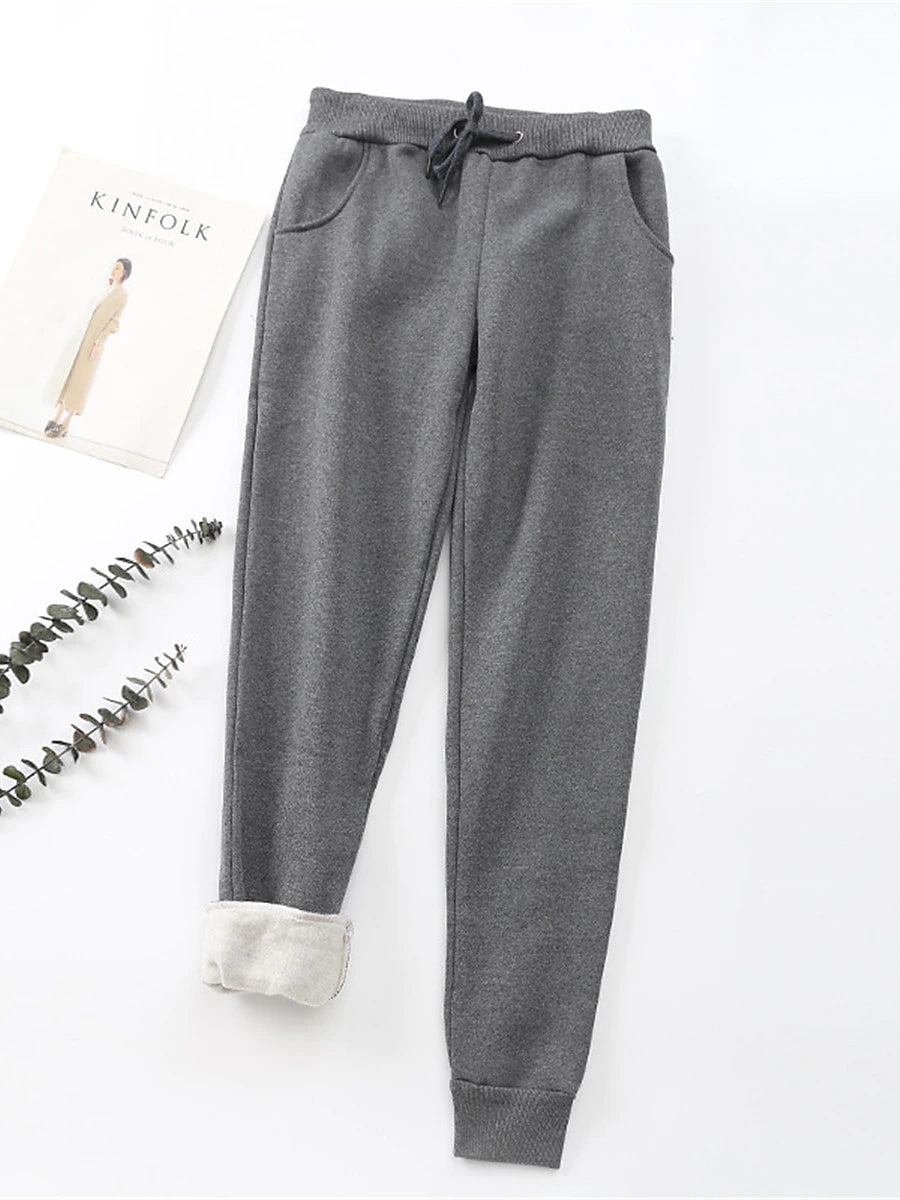 Women's Fleece Pants Polyester Solid Color Light Gray Dark-Gray Fashion High Waist Full Length Street Daily Fall Winter