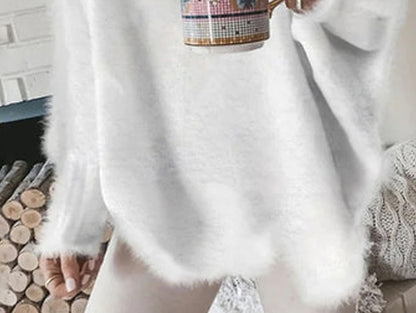 Women's Pullover Sweater Jumper Crew Neck Crochet Fuzzy Knit Imitation Mink Lace Trims Fall Winter Cropped Daily Going out Stylish Long Sleeve Solid Color White S M L