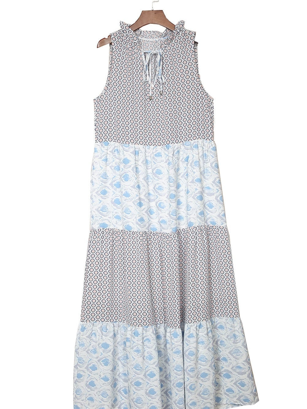 Diamond Blue Abstract Print V-Neck Sleeveless Maxi Dress