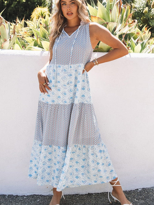 Diamond Blue Abstract Print V-Neck Sleeveless Maxi Dress
