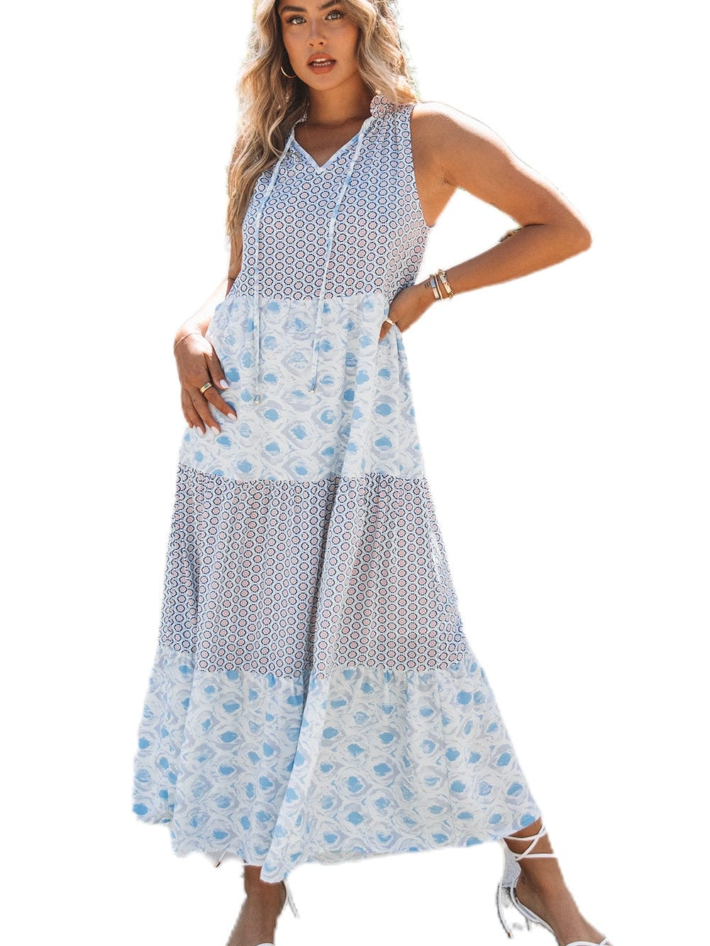 Diamond Blue Abstract Print V-Neck Sleeveless Maxi Dress