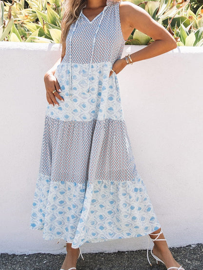 Diamond Blue Abstract Print V-Neck Sleeveless Maxi Dress