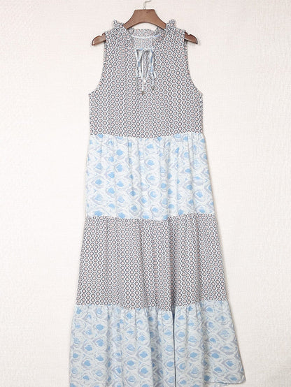 Diamond Blue Abstract Print V-Neck Sleeveless Maxi Dress