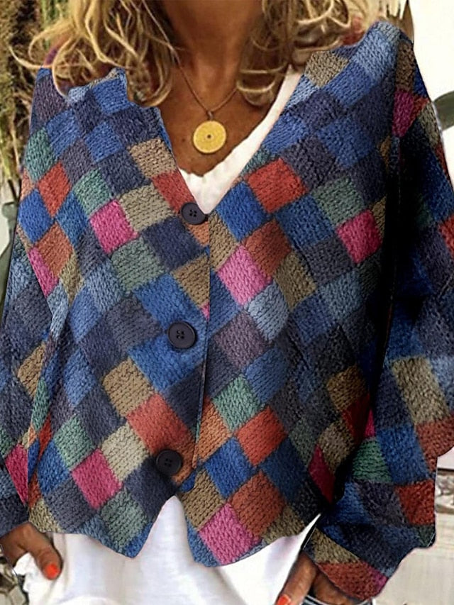 Women's Casual Jacket Street Daily Wear Vacation Fall Winter Regular Coat V Neck Loose Fit Windproof Breathable Stylish Sporty Chic & Modern Jacket Long Sleeve Stripes and Plaid Print Red Blue Green