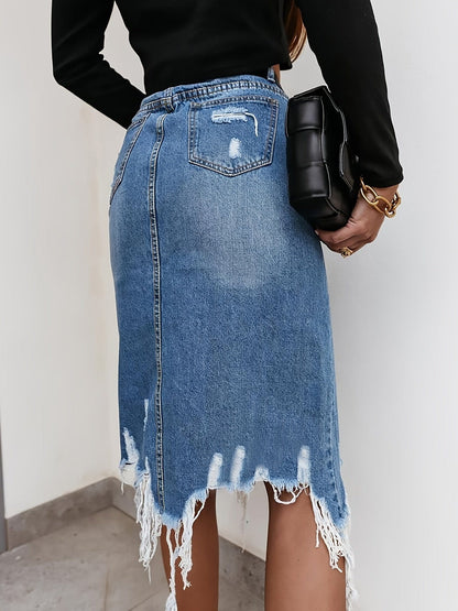 Distressed A-Line Ripped High Waist Split Denim Midi Dress