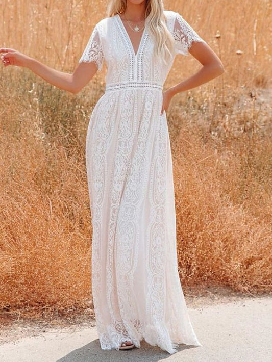 Women's Dress - Party Dress Lace Dress White Dress Long Dress Maxi Dress White Pink Half Sleeve Pure Color Lace Spring Summer V Neck Elegant Party 2023 S M L XL XXL
